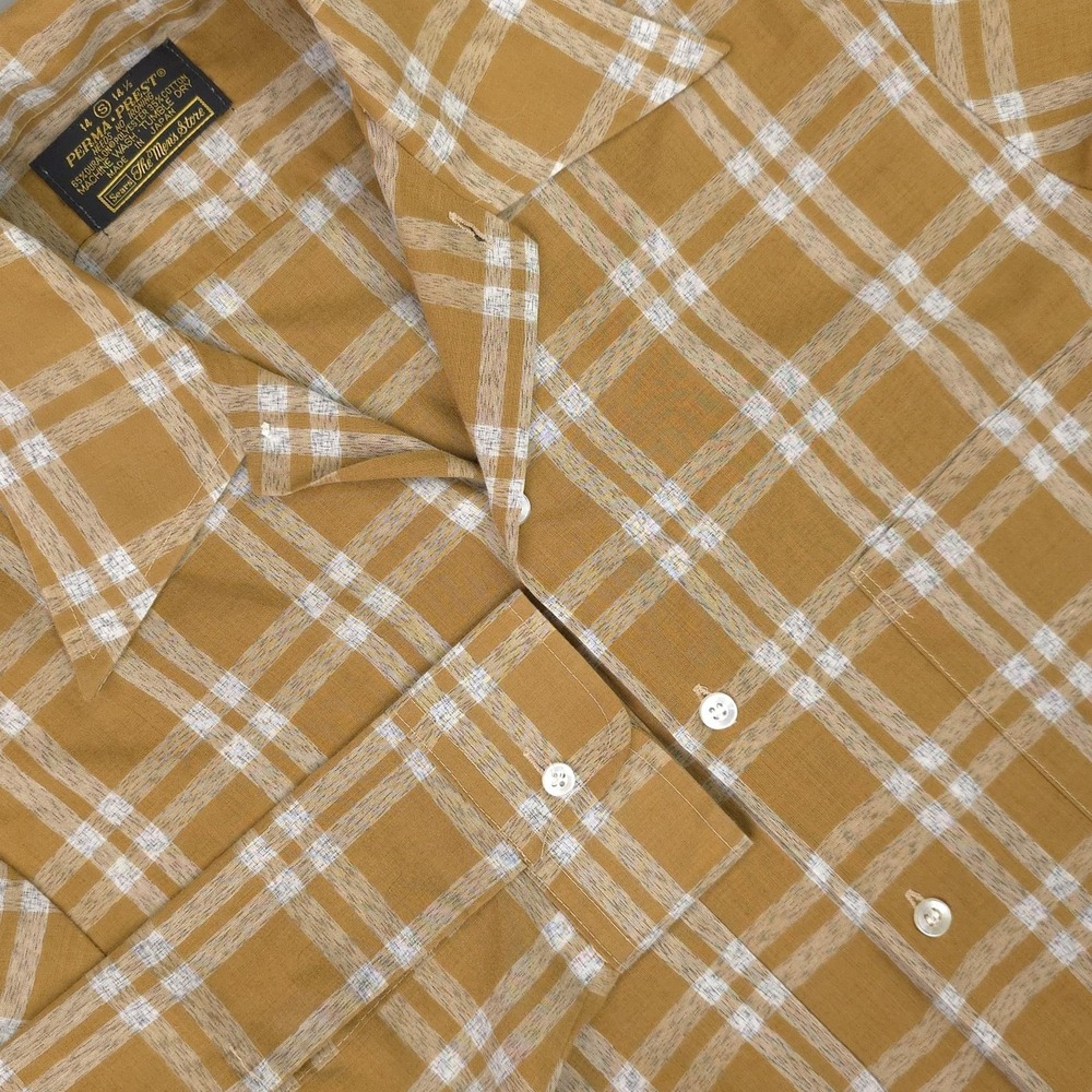 Vintage Sears Shirt Small Brown Plaid Camp Long Sleeve Perma-Prest Japan 70s